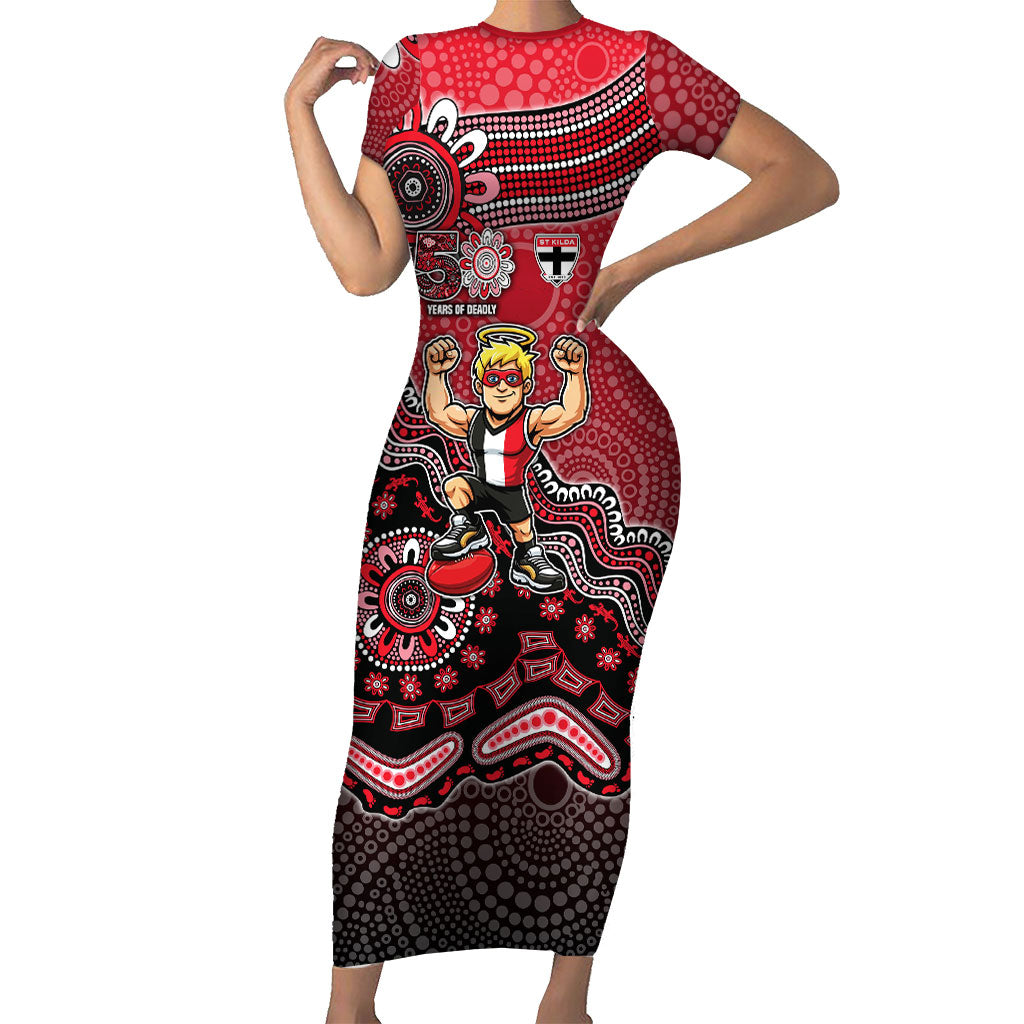 Personalized St Kilda Saints Football Mascot Short Sleeve Bodycon Dress Aboriginal Dot Art Style Vibrant Indigenous Pattern Design