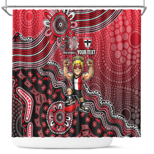Personalized St Kilda Saints Football Mascot Shower Curtain Aboriginal Dot Art Style Vibrant Indigenous Pattern Design