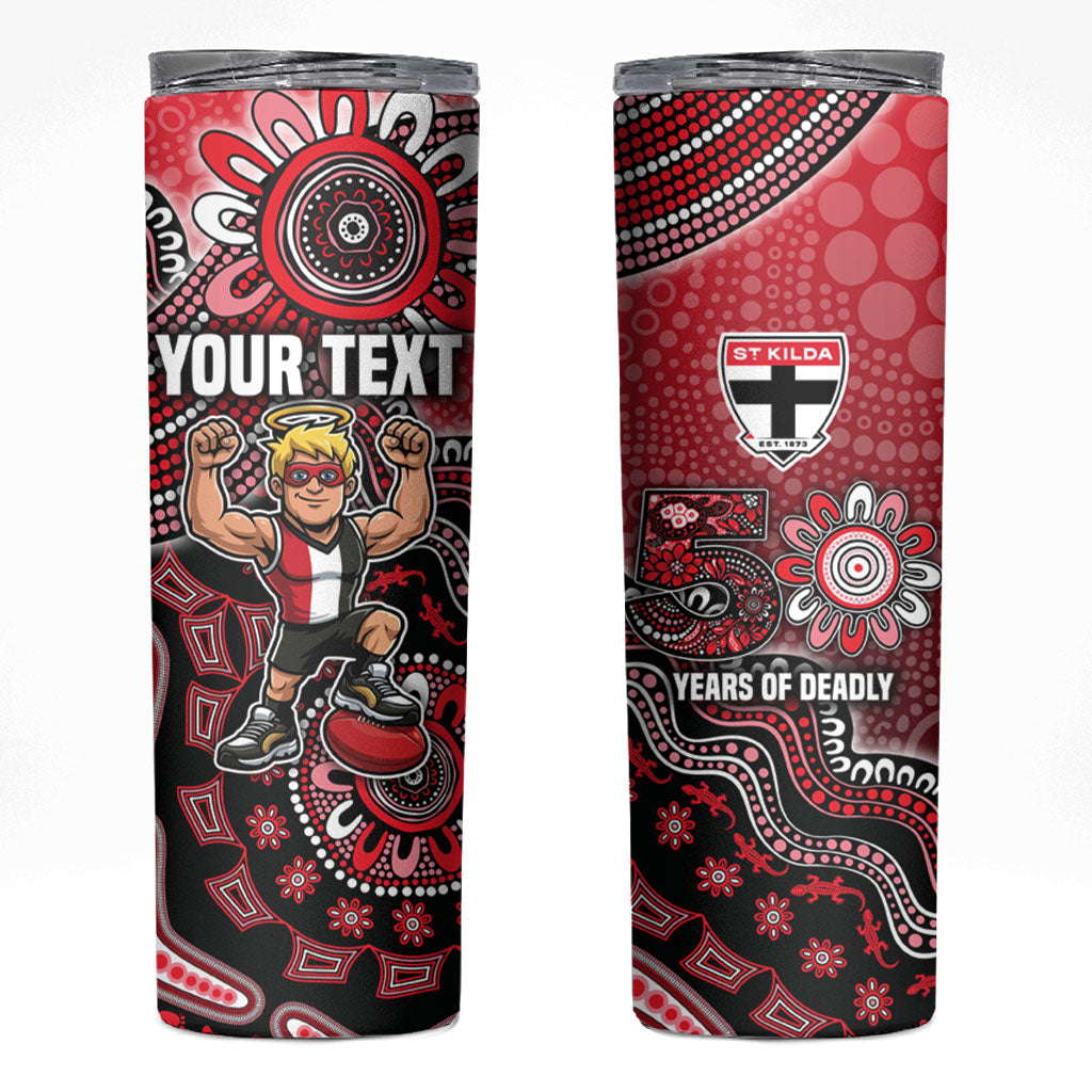 Personalized St Kilda Saints Football Mascot Skinny Tumbler Aboriginal Dot Art Style Vibrant Indigenous Pattern Design