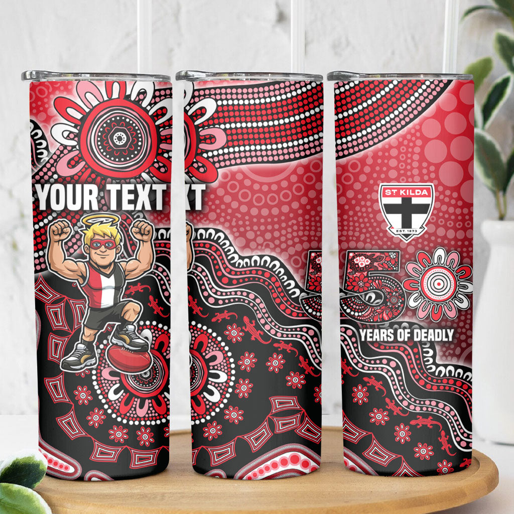 Personalized St Kilda Saints Football Mascot Skinny Tumbler Aboriginal Dot Art Style Vibrant Indigenous Pattern Design