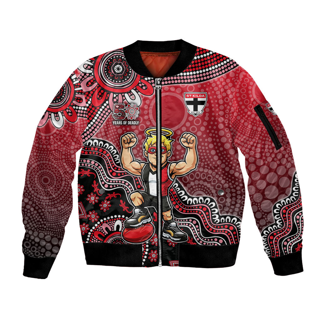 Personalized St Kilda Saints Football Mascot Sleeve Zip Bomber Jacket Aboriginal Dot Art Style Vibrant Indigenous Pattern Design
