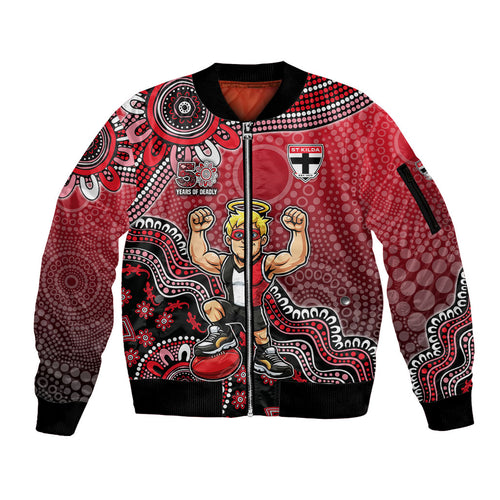 Personalized St Kilda Saints Football Mascot Sleeve Zip Bomber Jacket Aboriginal Dot Art Style Vibrant Indigenous Pattern Design
