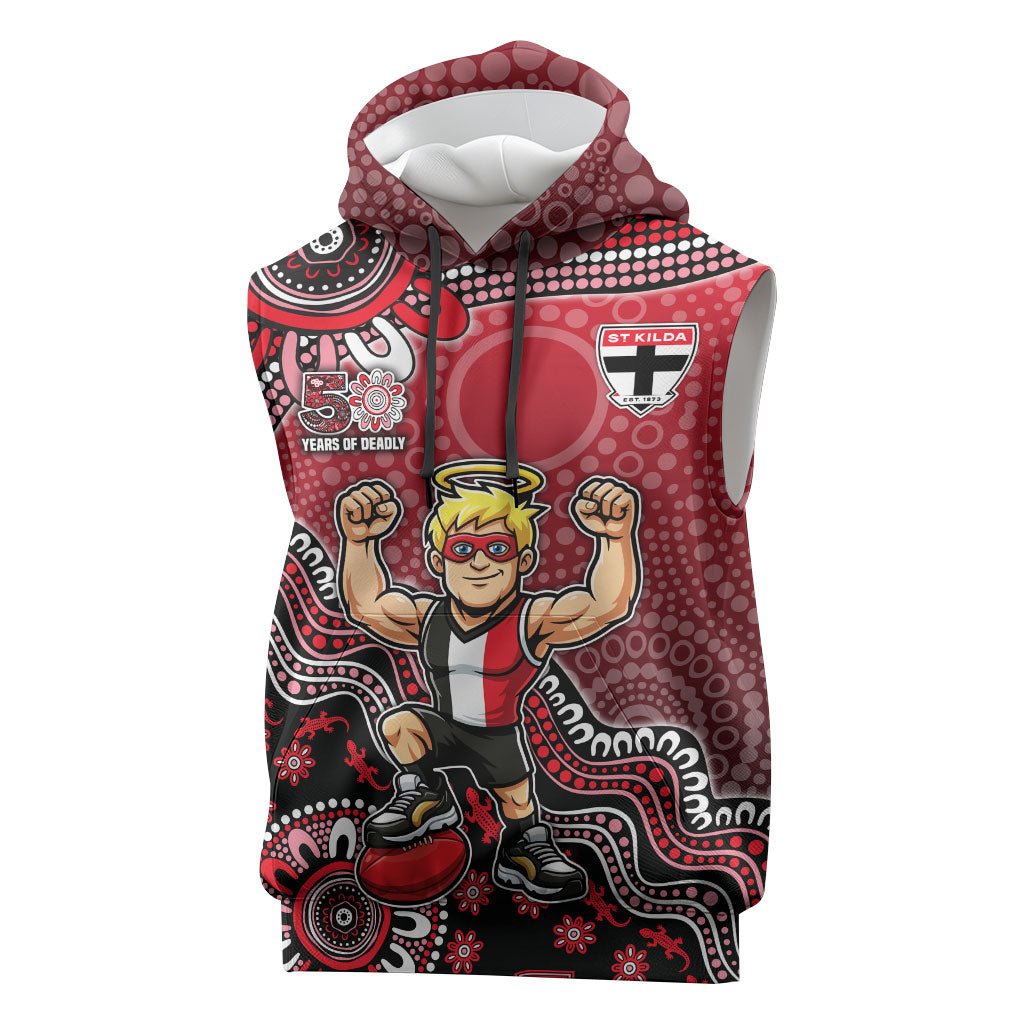 Personalized St Kilda Saints Football Mascot Sleeveless Hoodie Aboriginal Dot Art Style Vibrant Indigenous Pattern Design