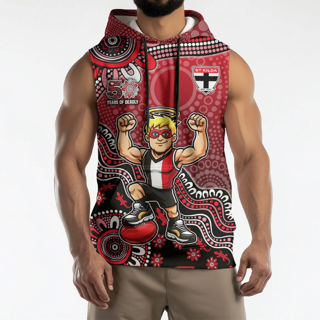 Personalized St Kilda Saints Football Mascot Sleeveless Hoodie Aboriginal Dot Art Style Vibrant Indigenous Pattern Design