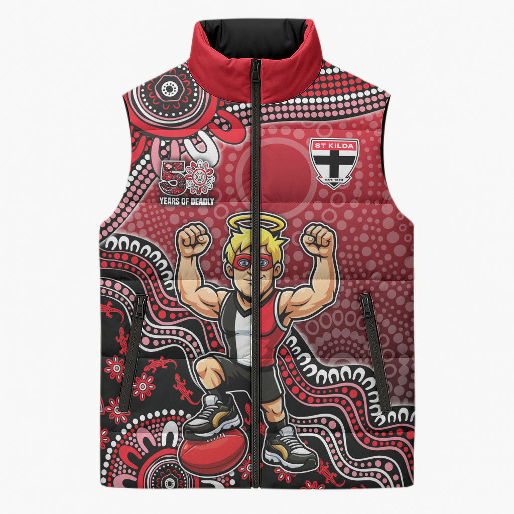 Personalized St Kilda Saints Football Mascot Sleeveless Puffer Jacket Aboriginal Dot Art Style Vibrant Indigenous Pattern Design