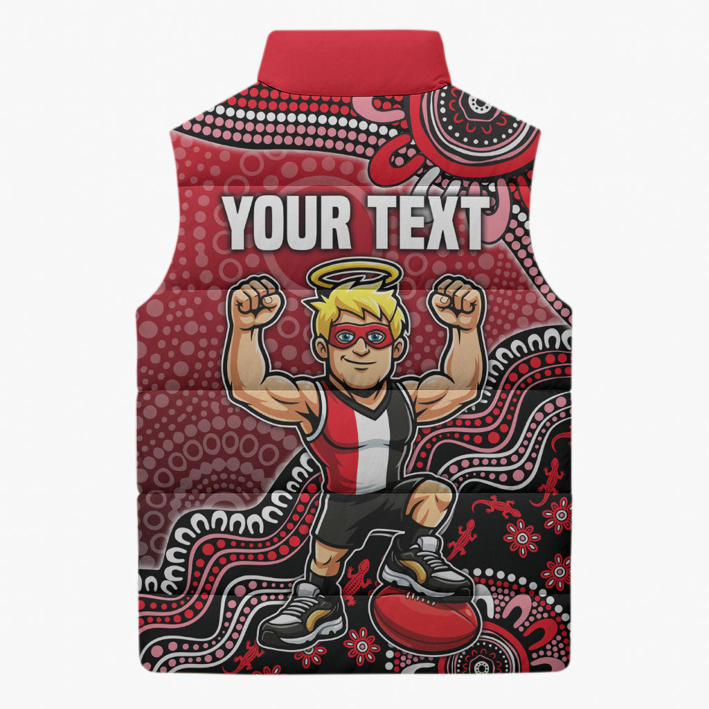 Personalized St Kilda Saints Football Mascot Sleeveless Puffer Jacket Aboriginal Dot Art Style Vibrant Indigenous Pattern Design