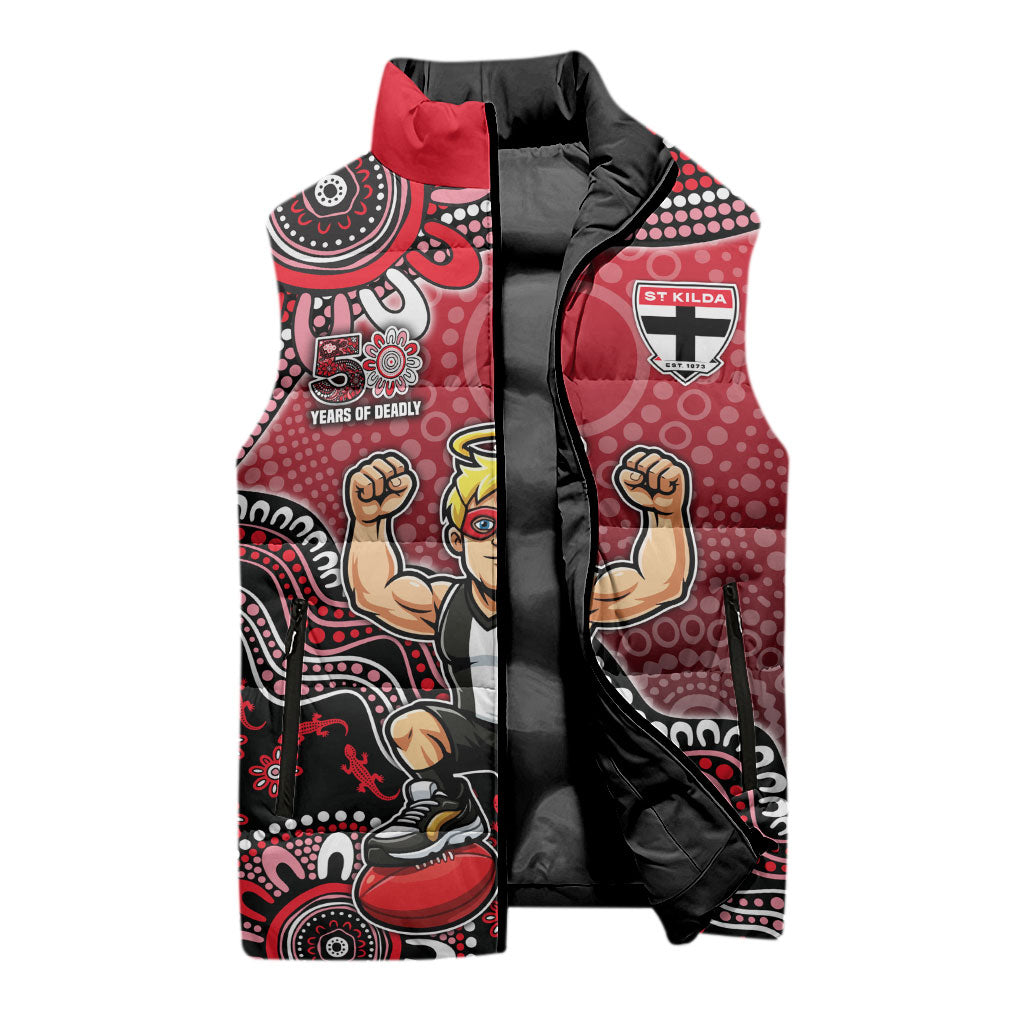 Personalized St Kilda Saints Football Mascot Sleeveless Puffer Jacket Aboriginal Dot Art Style Vibrant Indigenous Pattern Design