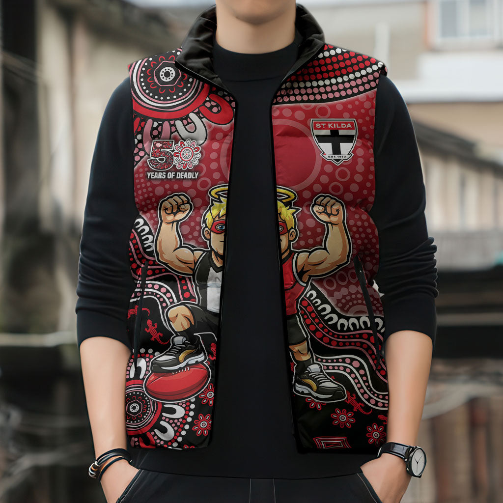 Personalized St Kilda Saints Football Mascot Sleeveless Puffer Jacket Aboriginal Dot Art Style Vibrant Indigenous Pattern Design
