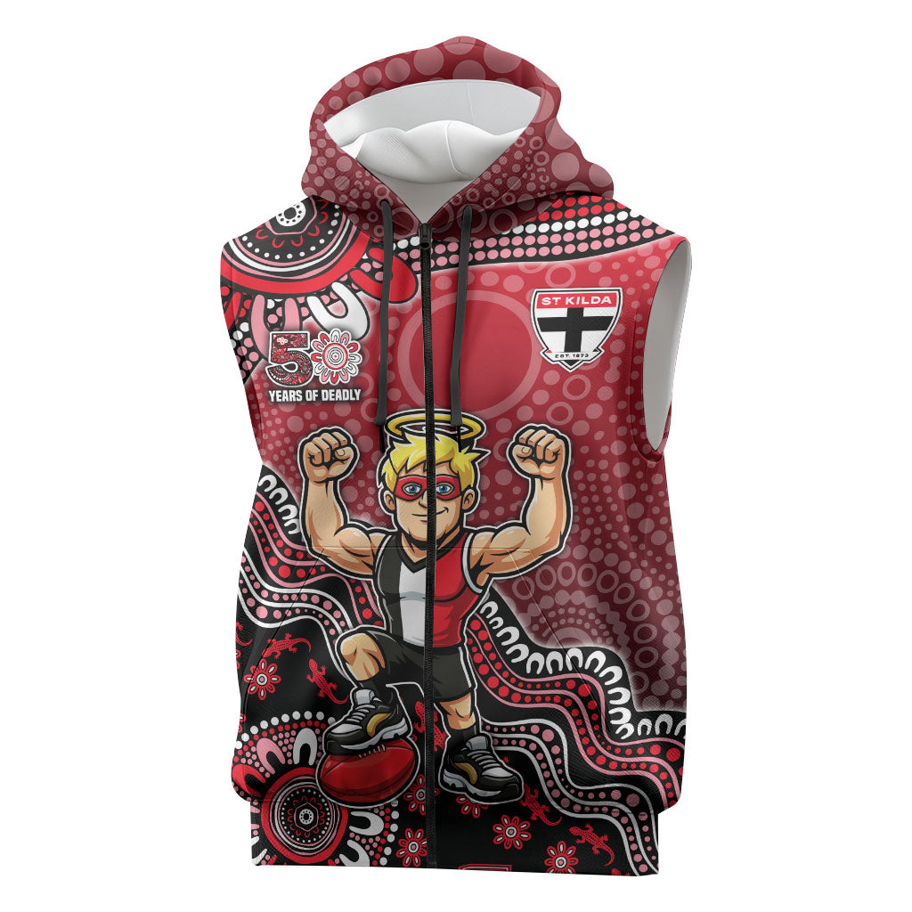 Personalized St Kilda Saints Football Mascot Sleeveless Zip Hoodie Aboriginal Dot Art Style Vibrant Indigenous Pattern Design