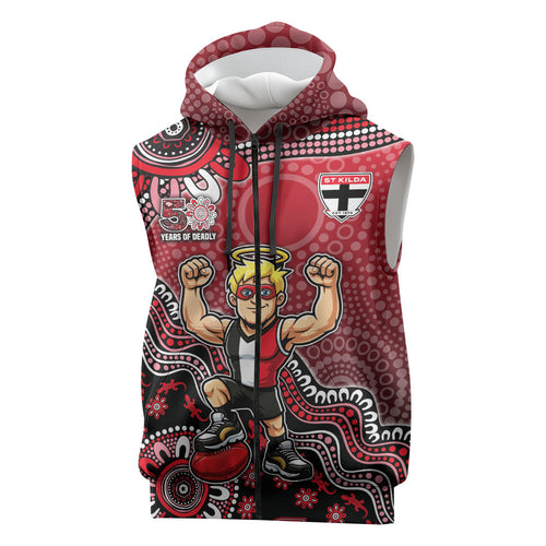Personalized St Kilda Saints Football Mascot Sleeveless Zip Hoodie Aboriginal Dot Art Style Vibrant Indigenous Pattern Design