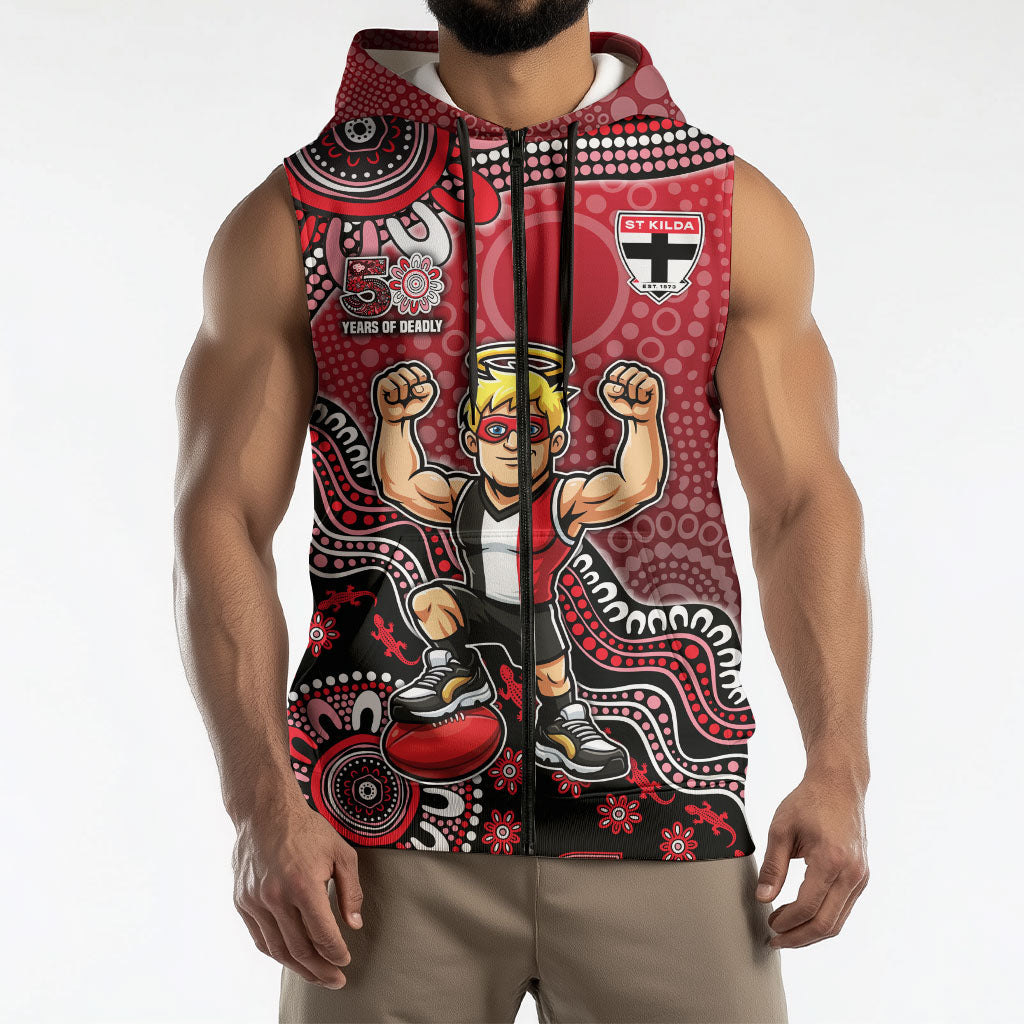 Personalized St Kilda Saints Football Mascot Sleeveless Zip Hoodie Aboriginal Dot Art Style Vibrant Indigenous Pattern Design