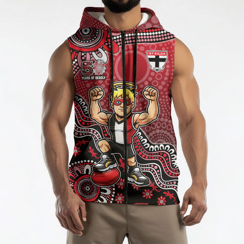 Personalized St Kilda Saints Football Mascot Sleeveless Zip Hoodie Aboriginal Dot Art Style Vibrant Indigenous Pattern Design