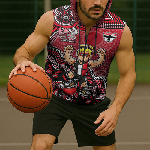 Personalized St Kilda Saints Football Mascot Sleeveless Zip Hoodie Aboriginal Dot Art Style Vibrant Indigenous Pattern Design
