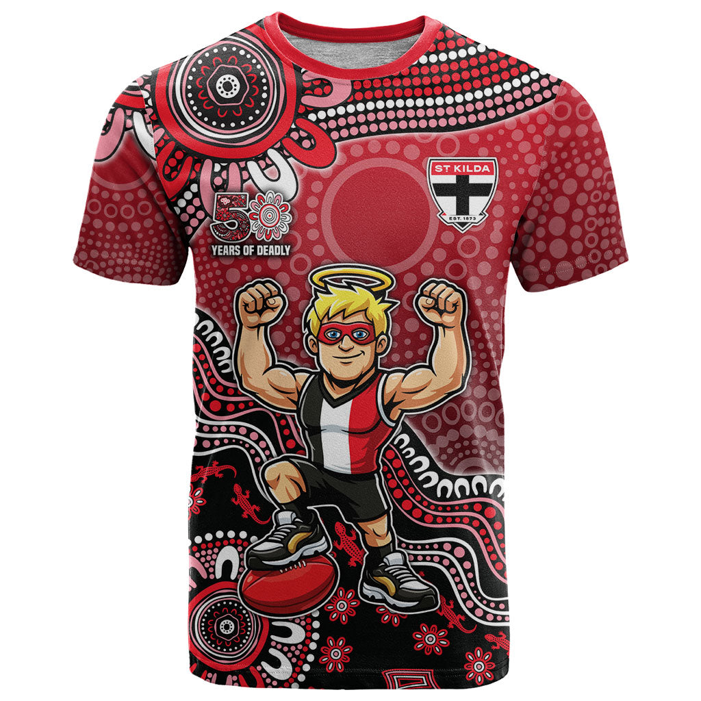 Personalized St Kilda Saints Football Mascot T Shirt Aboriginal Dot Art Style Vibrant Indigenous Pattern Design