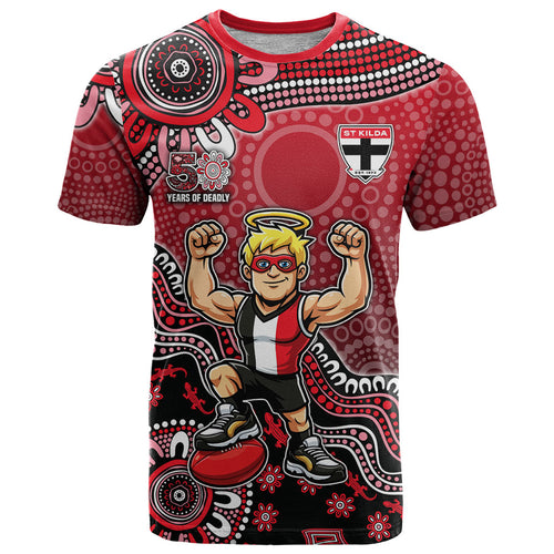 Personalized St Kilda Saints Football Mascot T Shirt Aboriginal Dot Art Style Vibrant Indigenous Pattern Design