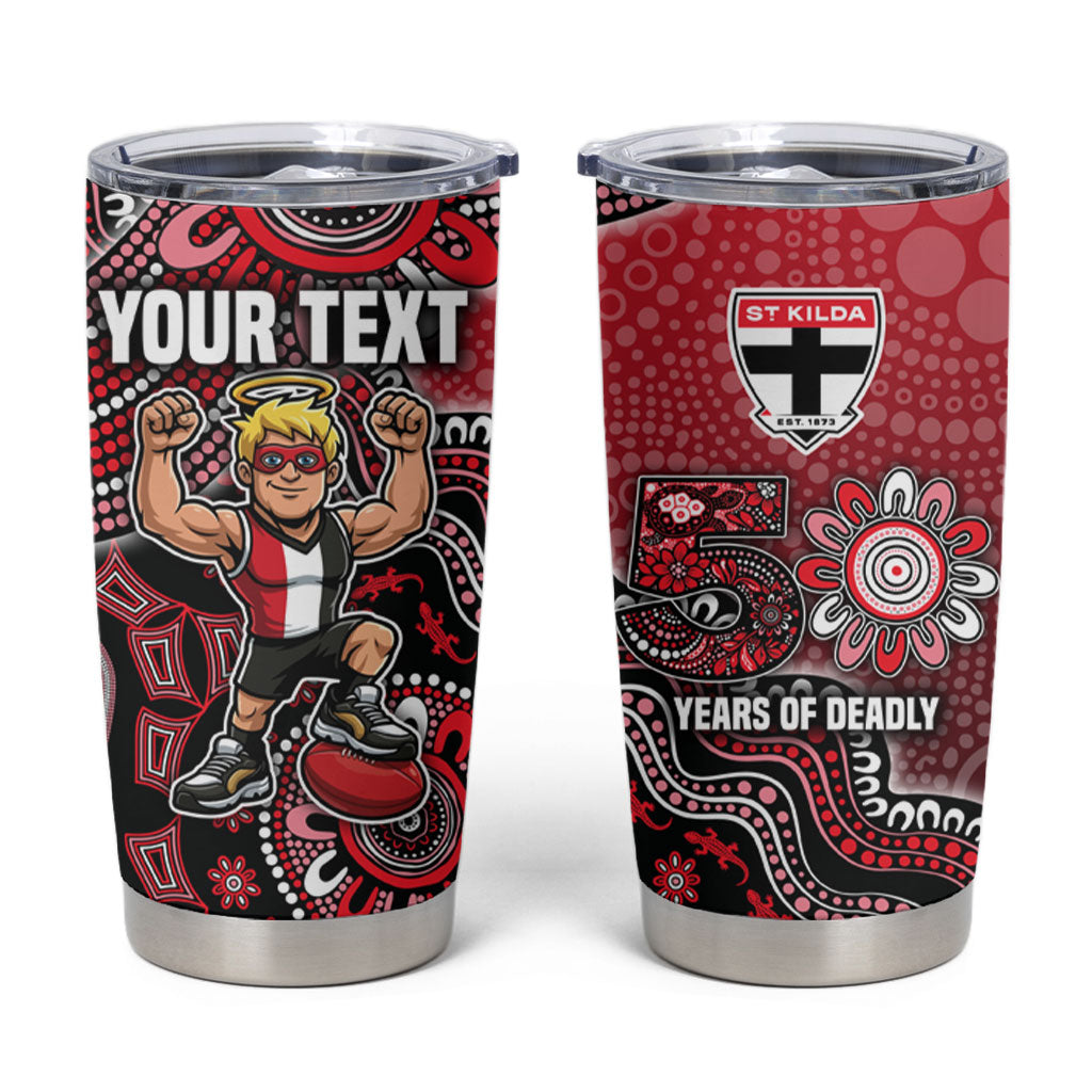 Personalized St Kilda Saints Football Mascot Tumbler Cup Aboriginal Dot Art Style Vibrant Indigenous Pattern Design