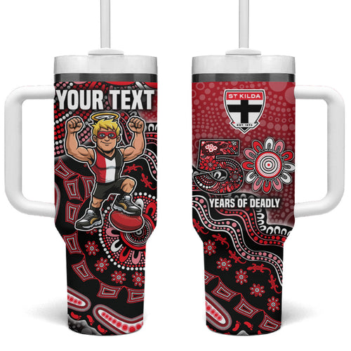Personalized St Kilda Saints Football Mascot Tumbler With Handle Aboriginal Dot Art Style Vibrant Indigenous Pattern Design