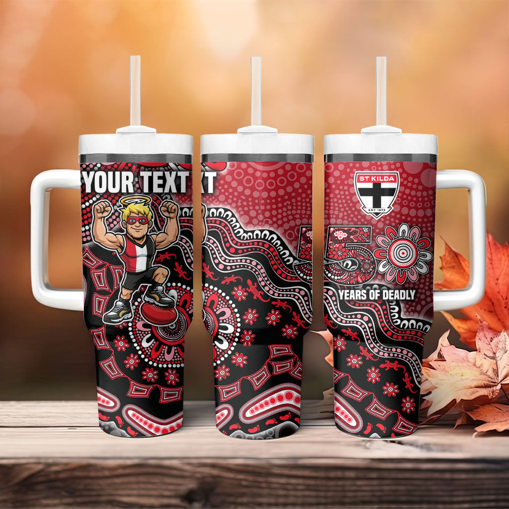 Personalized St Kilda Saints Football Mascot Tumbler With Handle Aboriginal Dot Art Style Vibrant Indigenous Pattern Design