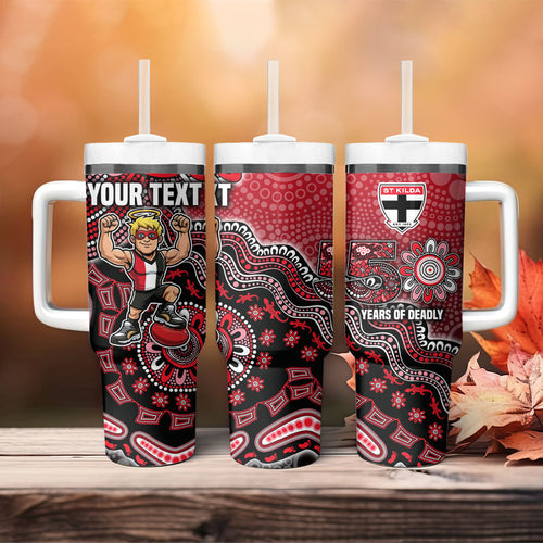Personalized St Kilda Saints Football Mascot Tumbler With Handle Aboriginal Dot Art Style Vibrant Indigenous Pattern Design