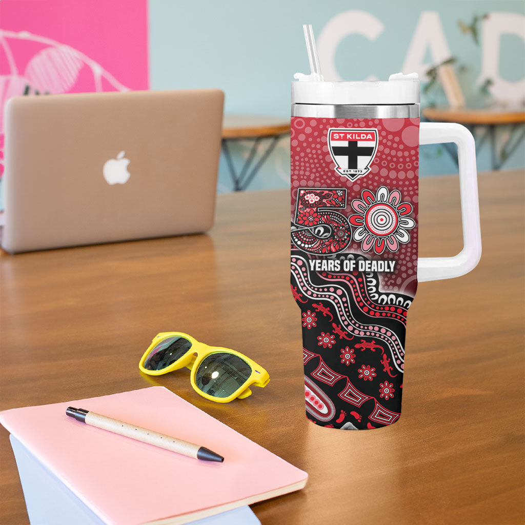 Personalized St Kilda Saints Football Mascot Tumbler With Handle Aboriginal Dot Art Style Vibrant Indigenous Pattern Design
