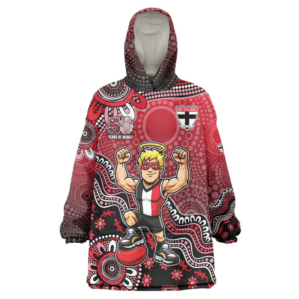 Personalized St Kilda Saints Football Mascot Wearable Blanket Hoodie Aboriginal Dot Art Style Vibrant Indigenous Pattern Design
