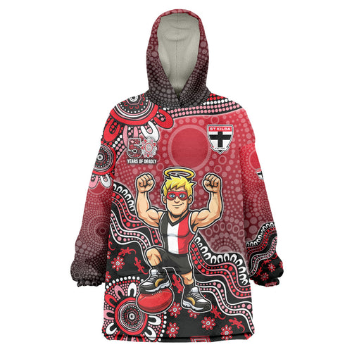 Personalized St Kilda Saints Football Mascot Wearable Blanket Hoodie Aboriginal Dot Art Style Vibrant Indigenous Pattern Design