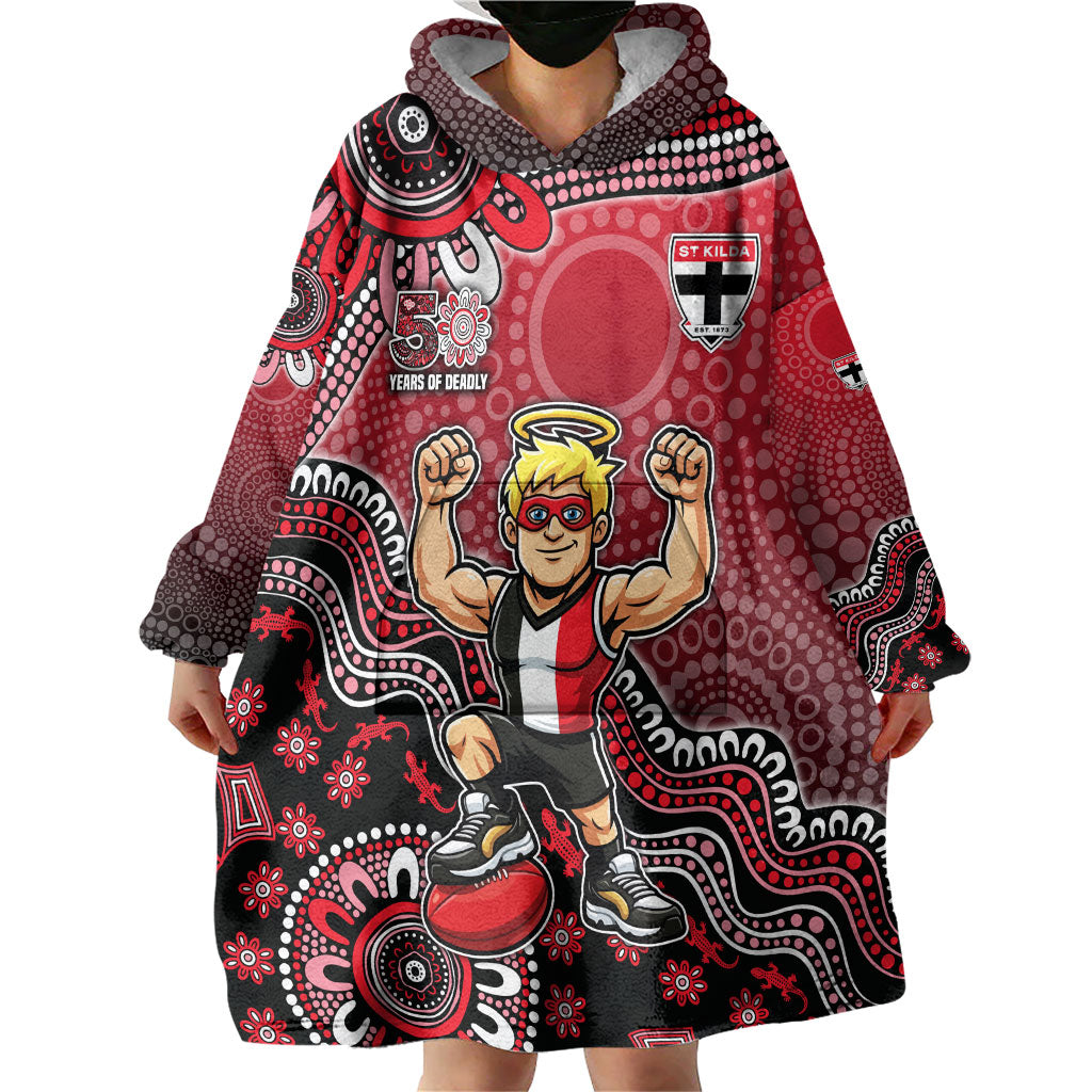 Personalized St Kilda Saints Football Mascot Wearable Blanket Hoodie Aboriginal Dot Art Style Vibrant Indigenous Pattern Design