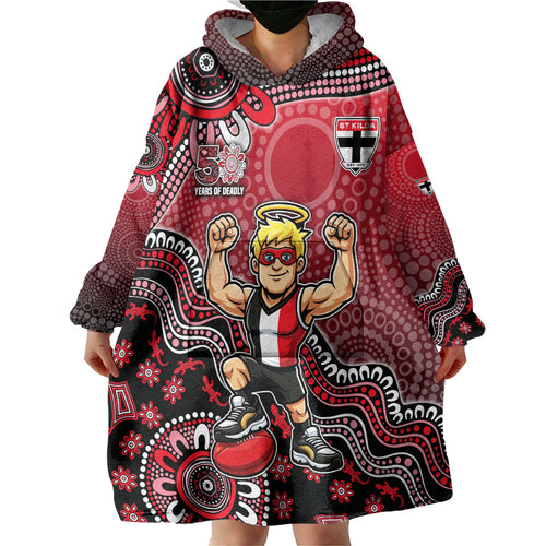 Personalized St Kilda Saints Football Mascot Wearable Blanket Hoodie Aboriginal Dot Art Style Vibrant Indigenous Pattern Design