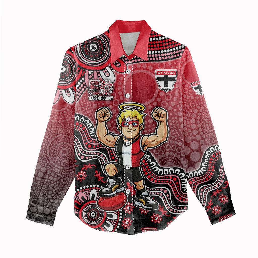 Personalized St Kilda Saints Football Mascot Women Casual Shirt Aboriginal Dot Art Style Vibrant Indigenous Pattern Design