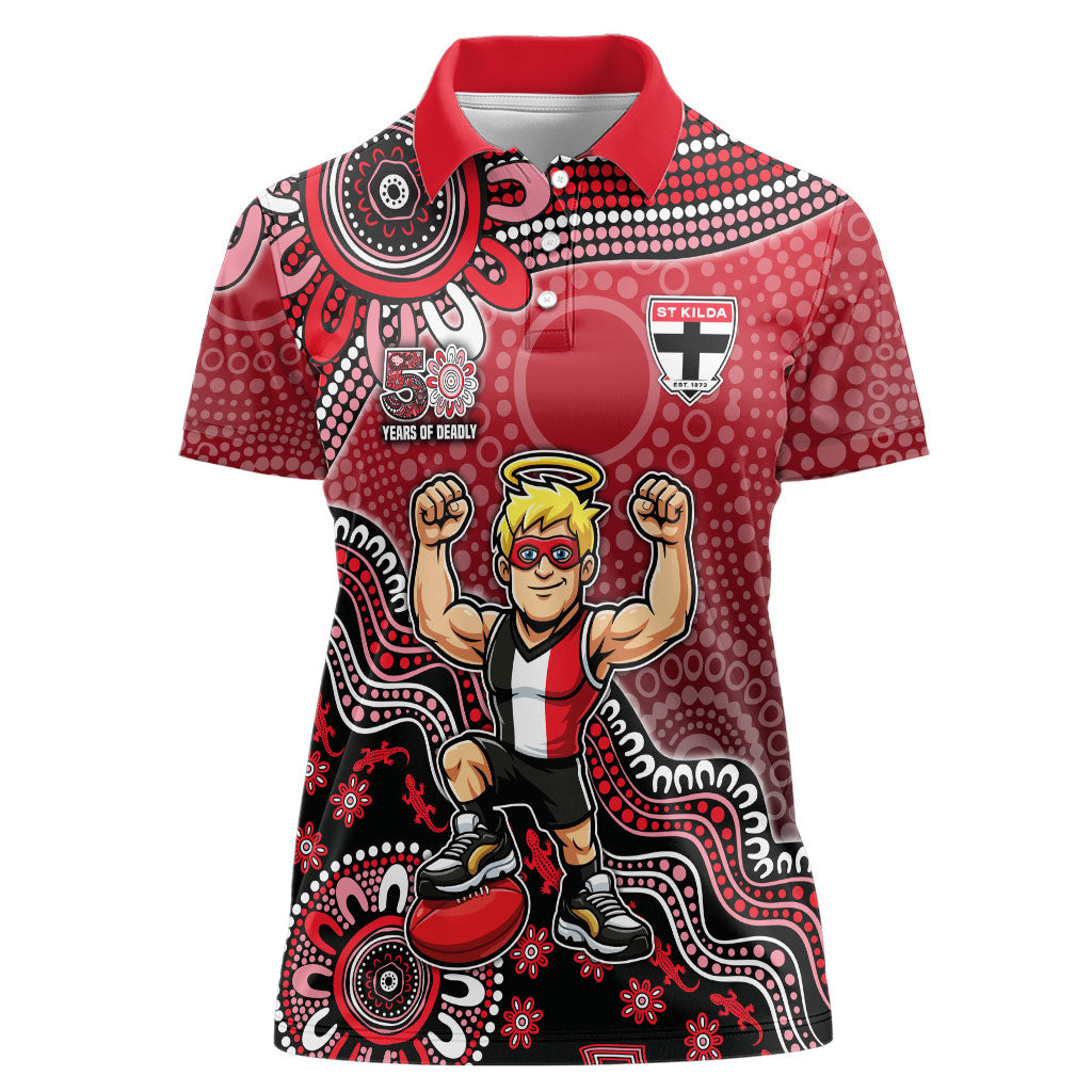 Personalized St Kilda Saints Football Mascot Women Polo Shirt Aboriginal Dot Art Style Vibrant Indigenous Pattern Design