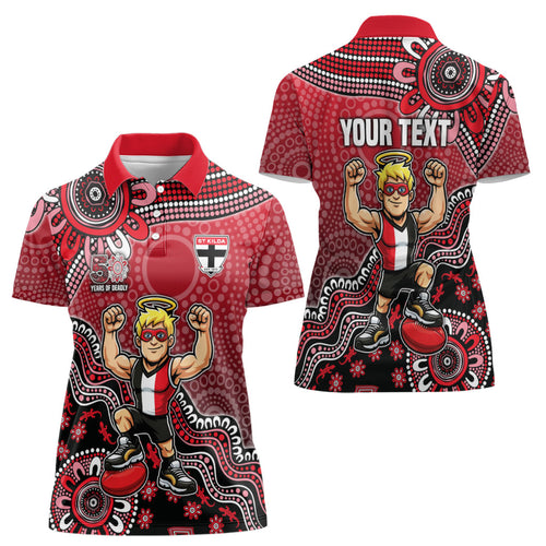 Personalized St Kilda Saints Football Mascot Women Polo Shirt Aboriginal Dot Art Style Vibrant Indigenous Pattern Design