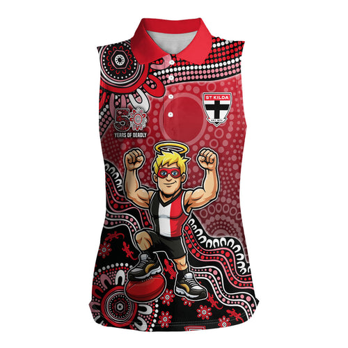 Personalized St Kilda Saints Football Mascot Women Sleeveless Polo Shirt Aboriginal Dot Art Style Vibrant Indigenous Pattern Design