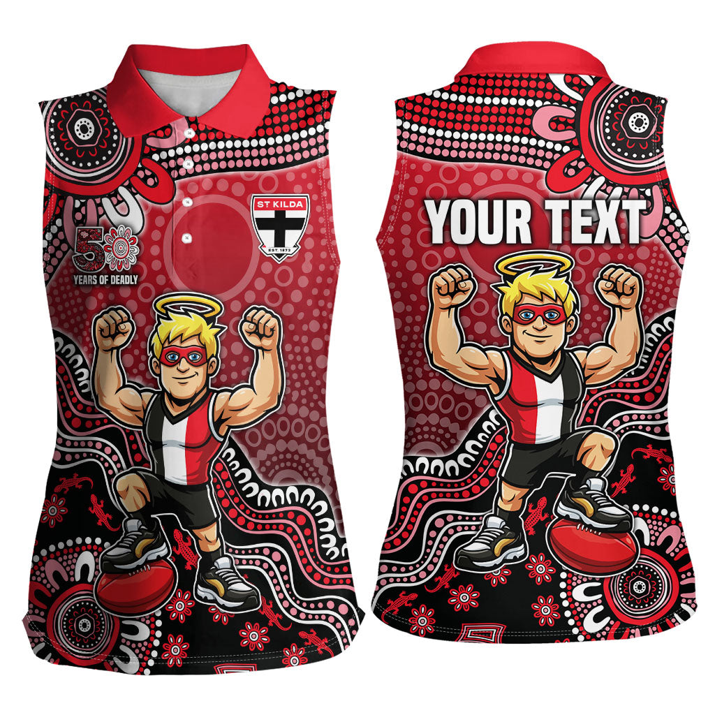 Personalized St Kilda Saints Football Mascot Women Sleeveless Polo Shirt Aboriginal Dot Art Style Vibrant Indigenous Pattern Design