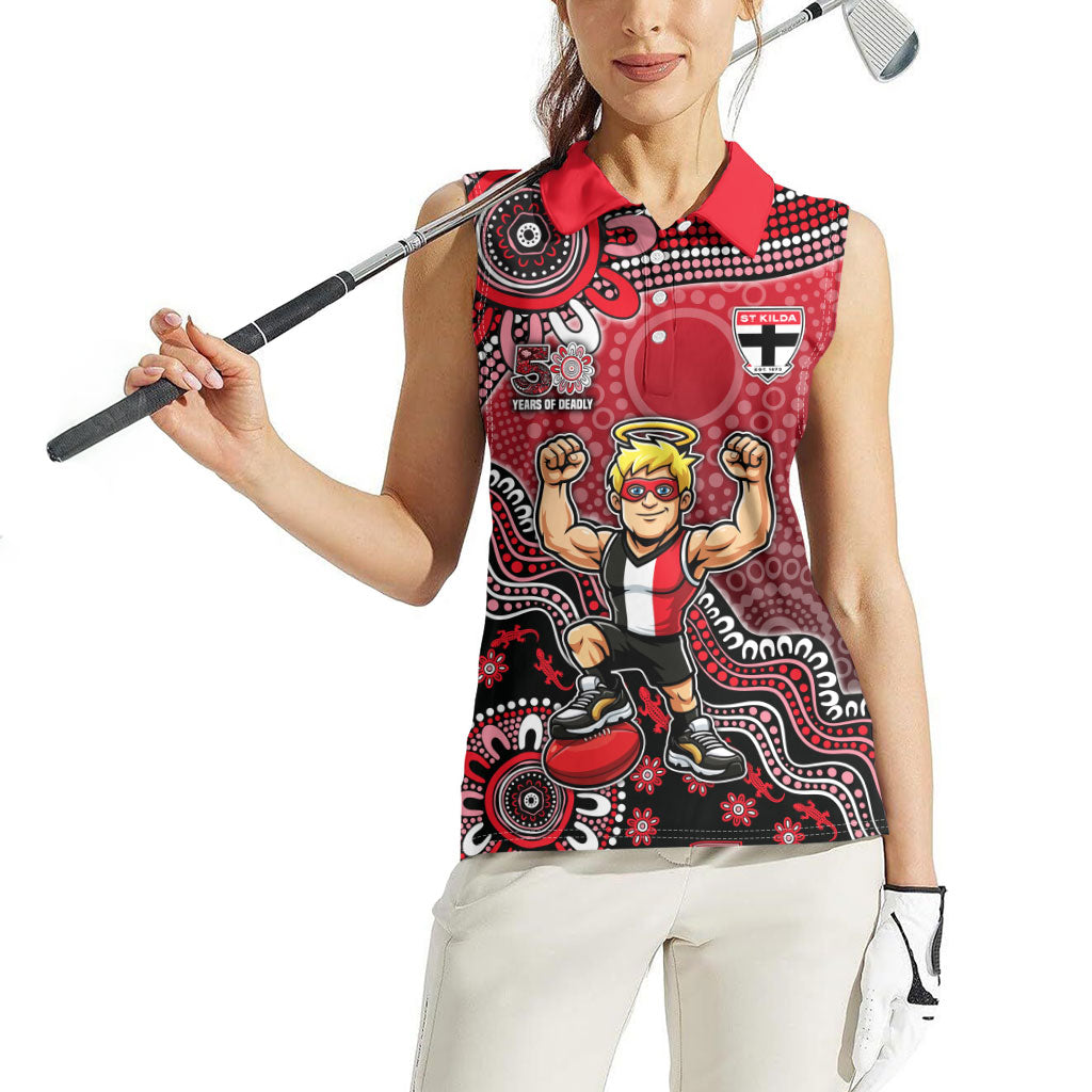 Personalized St Kilda Saints Football Mascot Women Sleeveless Polo Shirt Aboriginal Dot Art Style Vibrant Indigenous Pattern Design
