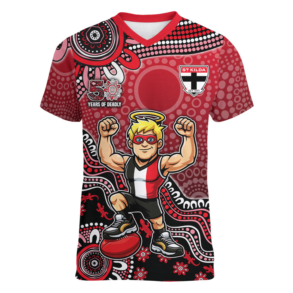 Personalized St Kilda Saints Football Mascot Women V-Neck T-Shirt Aboriginal Dot Art Style Vibrant Indigenous Pattern Design