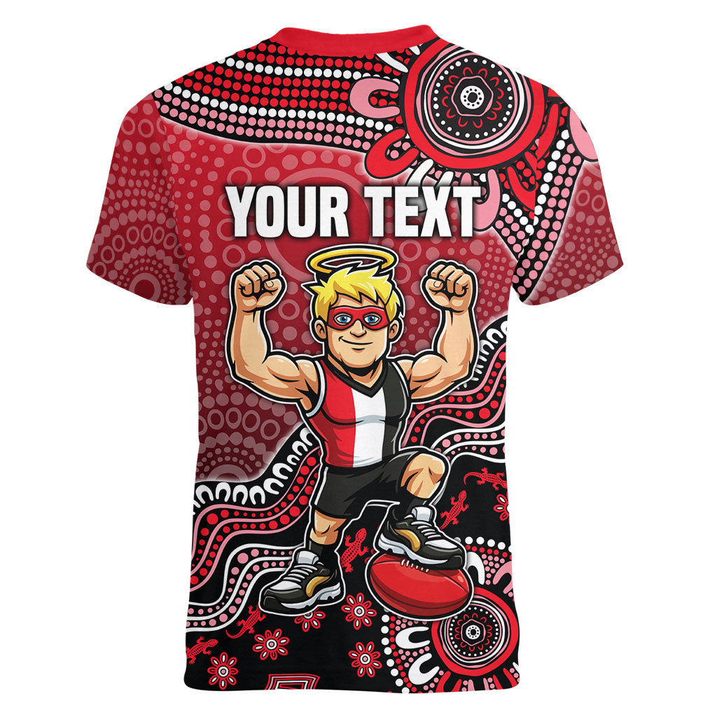 Personalized St Kilda Saints Football Mascot Women V-Neck T-Shirt Aboriginal Dot Art Style Vibrant Indigenous Pattern Design