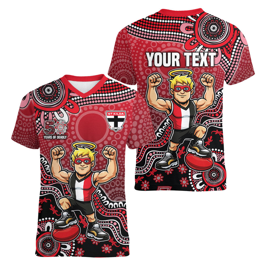 Personalized St Kilda Saints Football Mascot Women V-Neck T-Shirt Aboriginal Dot Art Style Vibrant Indigenous Pattern Design