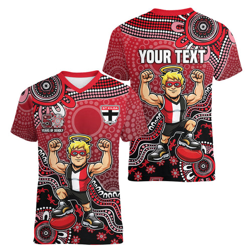 Personalized St Kilda Saints Football Mascot Women V-Neck T-Shirt Aboriginal Dot Art Style Vibrant Indigenous Pattern Design
