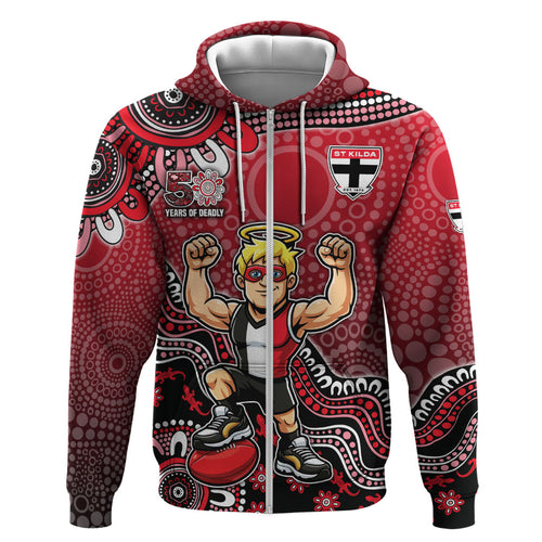 Personalized St Kilda Saints Football Mascot Zip Hoodie Aboriginal Dot Art Style Vibrant Indigenous Pattern Design