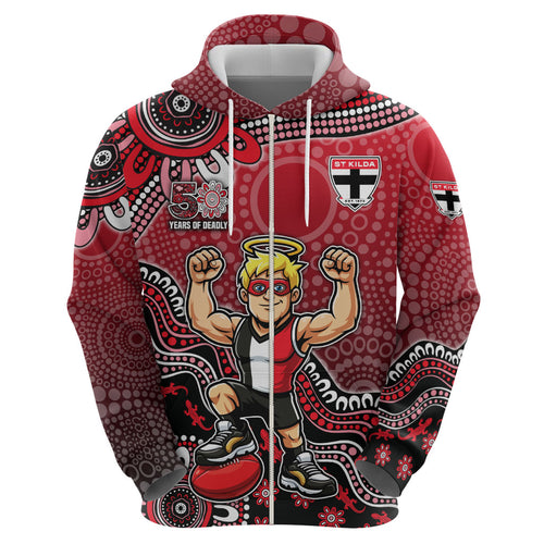 Personalized St Kilda Saints Football Mascot Zip Hoodie Aboriginal Dot Art Style Vibrant Indigenous Pattern Design