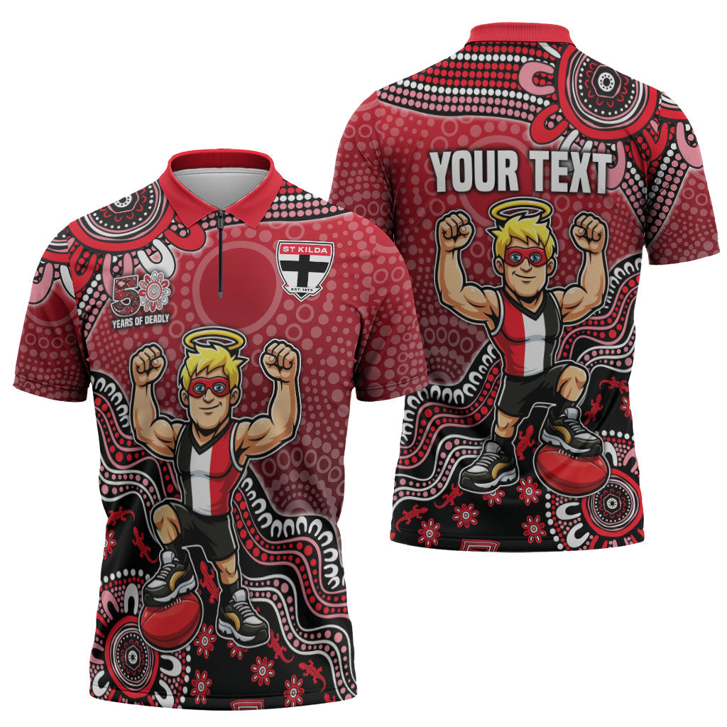 Personalized St Kilda Saints Football Mascot Zipper Polo Shirt Aboriginal Dot Art Style Vibrant Indigenous Pattern Design