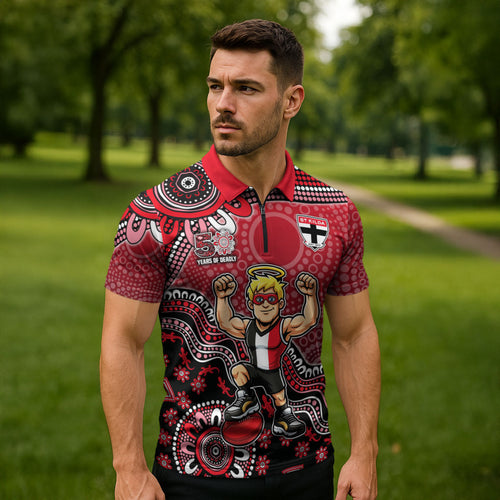 Personalized St Kilda Saints Football Mascot Zipper Polo Shirt Aboriginal Dot Art Style Vibrant Indigenous Pattern Design