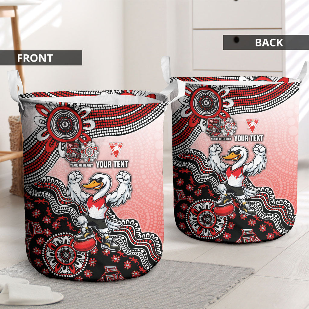 Personalized Sydney Swans Football Mascot Laundry Basket Aboriginal Dot Art Style Vibrant Indigenous Pattern Design