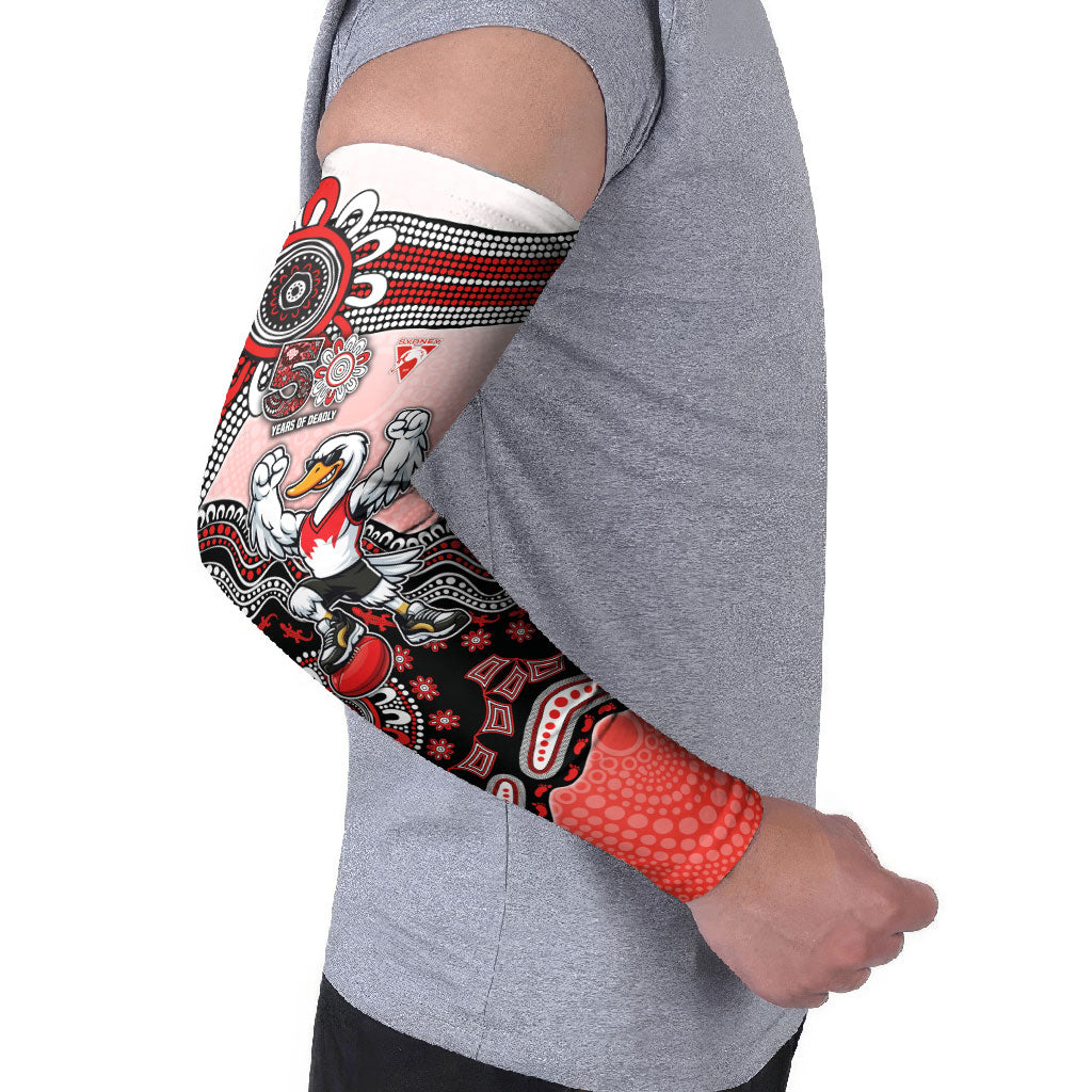 Personalized Sydney Swans Football Mascot Arm Sleeves Aboriginal Dot Art Style Vibrant Indigenous Pattern Design