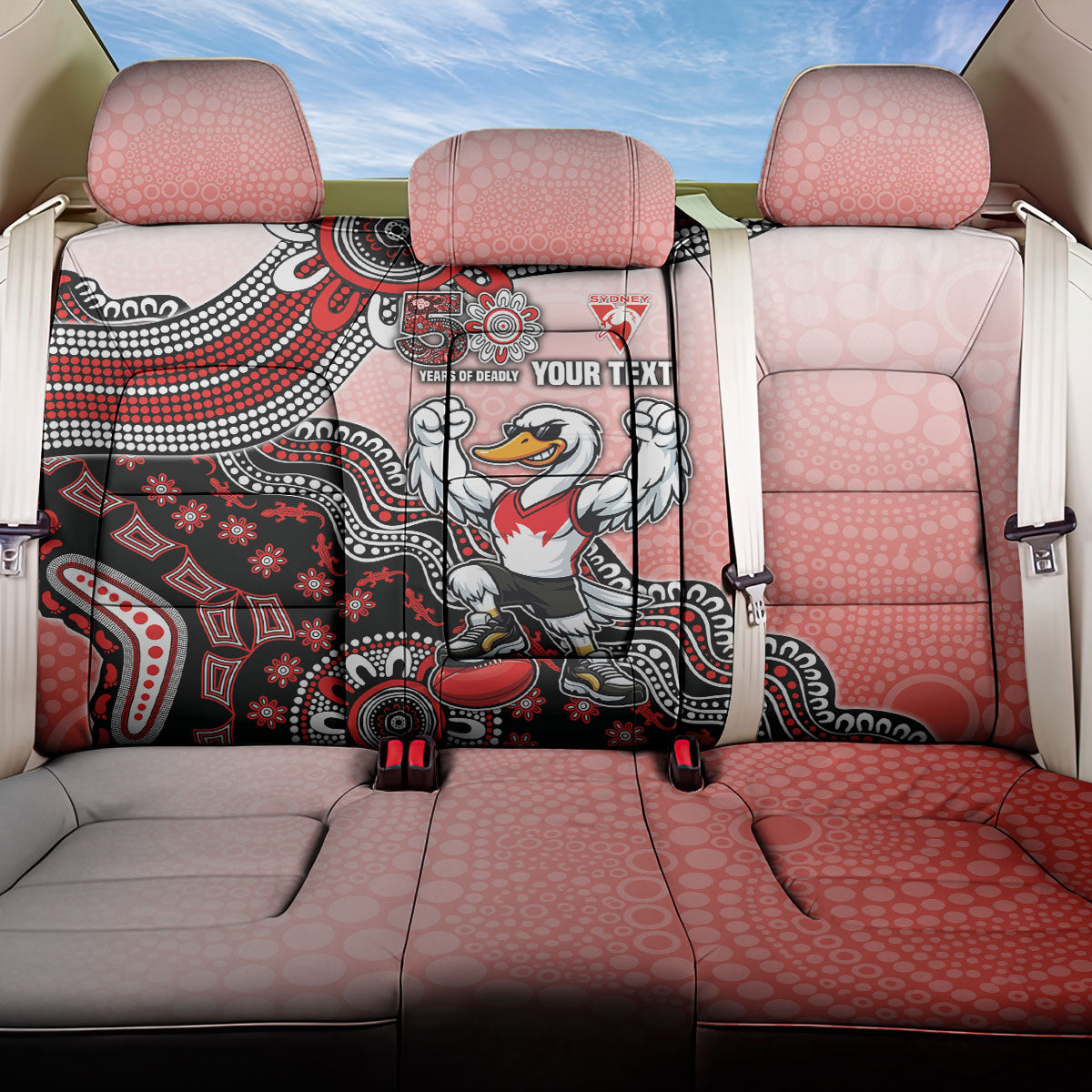 Personalized Sydney Swans Football Mascot Back Car Seat Cover Aboriginal Dot Art Style Vibrant Indigenous Pattern Design