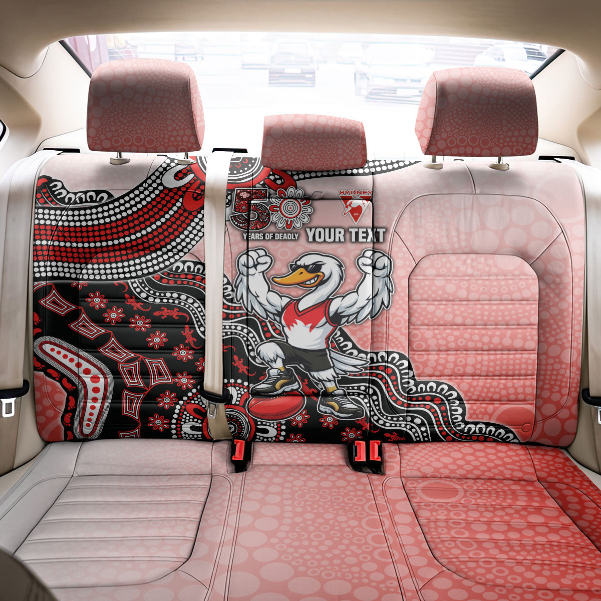 Personalized Sydney Swans Football Mascot Back Car Seat Cover Aboriginal Dot Art Style Vibrant Indigenous Pattern Design