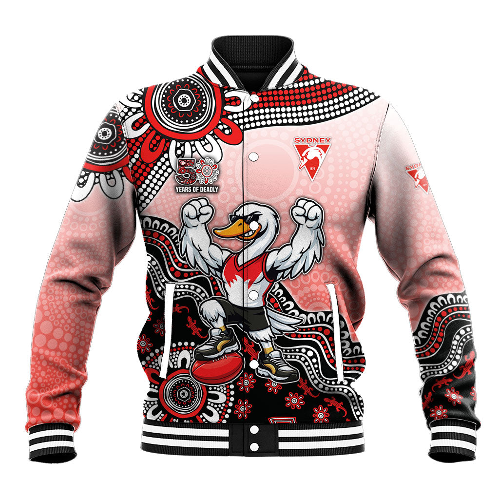 Personalized Sydney Swans Football Mascot Baseball Jacket Aboriginal Dot Art Style Vibrant Indigenous Pattern Design