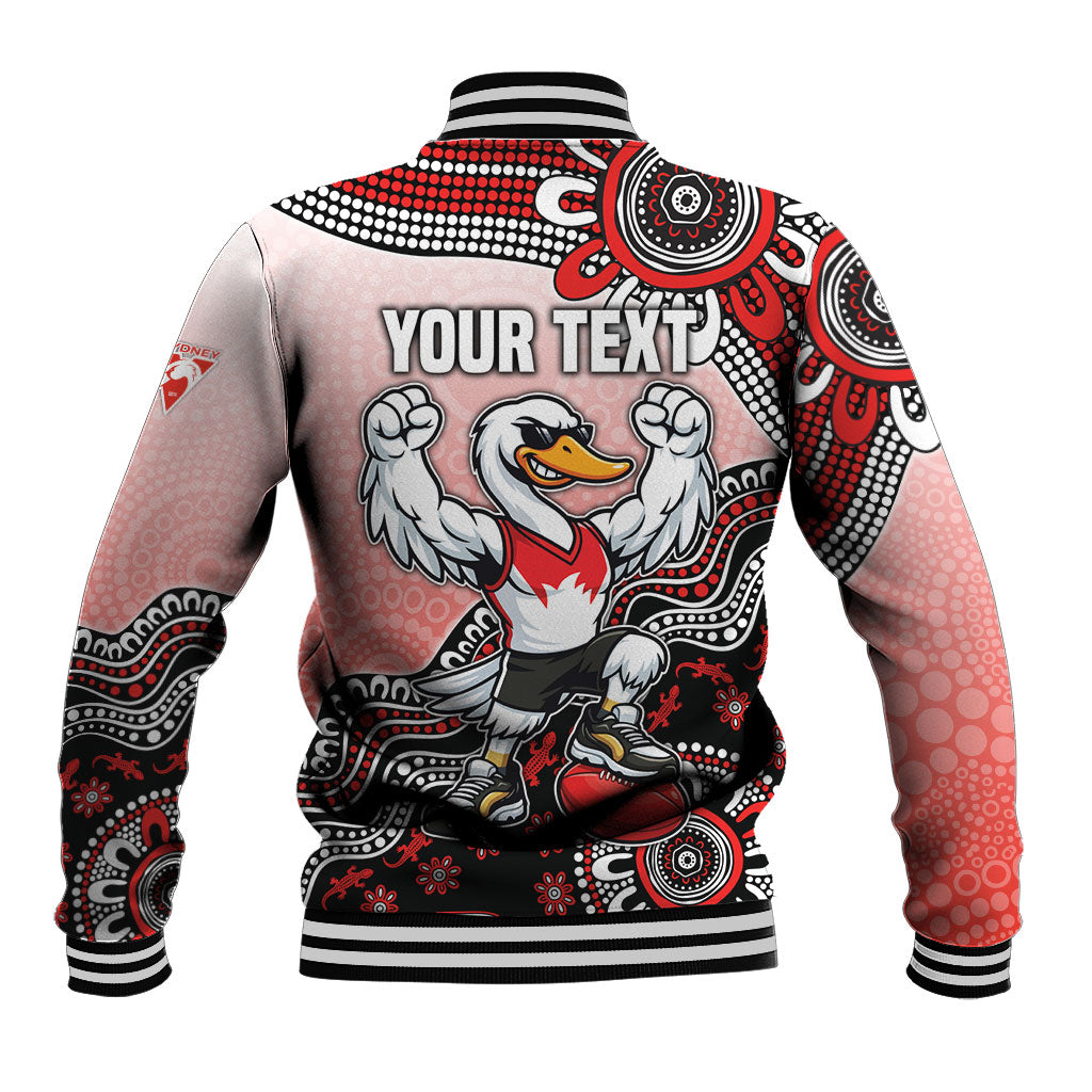 Personalized Sydney Swans Football Mascot Baseball Jacket Aboriginal Dot Art Style Vibrant Indigenous Pattern Design