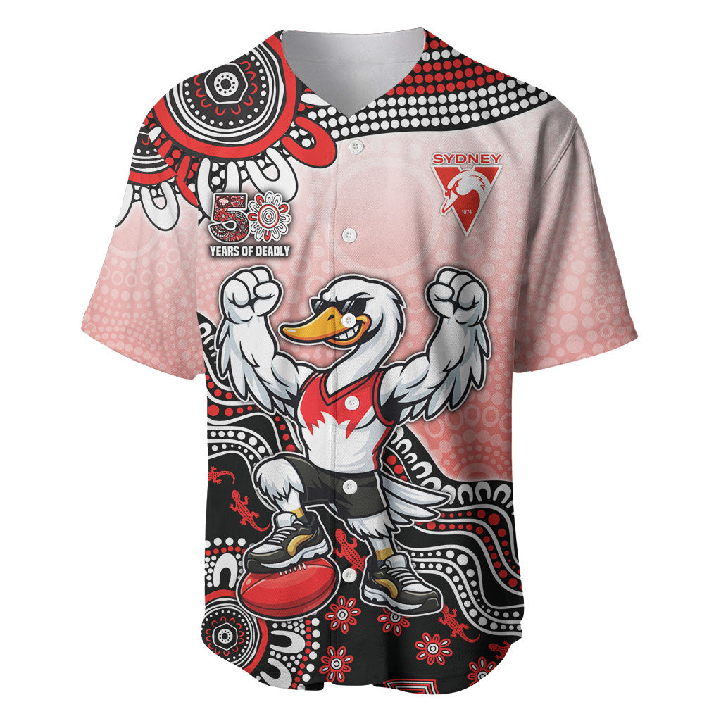 Personalized Sydney Swans Football Mascot Baseball Jersey Aboriginal Dot Art Style Vibrant Indigenous Pattern Design