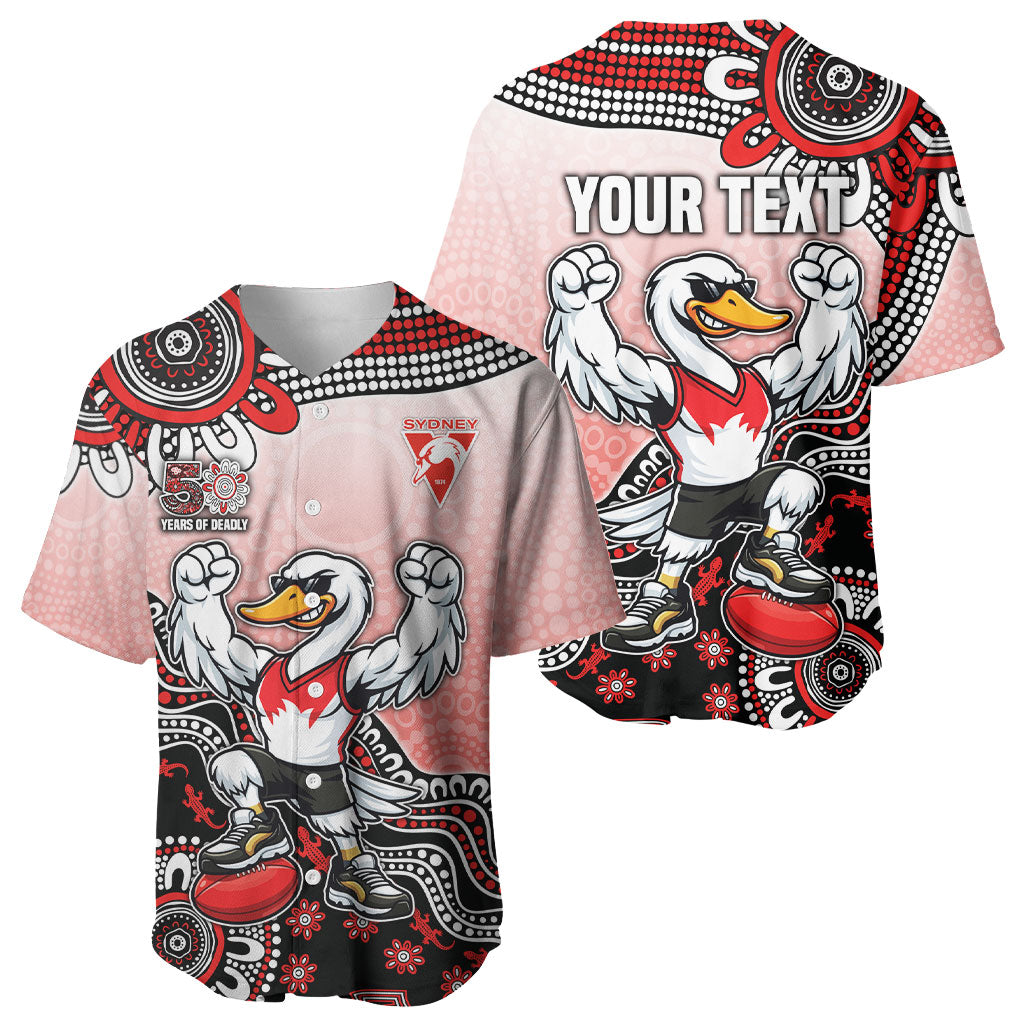 Personalized Sydney Swans Football Mascot Baseball Jersey Aboriginal Dot Art Style Vibrant Indigenous Pattern Design